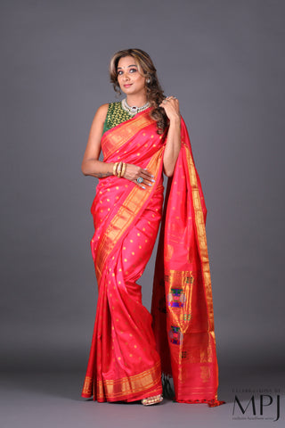 Watermelon Pink Handloom Pure Silk Kalanjali Paithani Saree