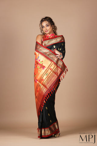 Black Handloom Pure Silk Yeola Paithani Saree with Stitched Blouse