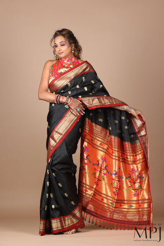 Black Handloom Pure Silk Yeola Paithani Saree with Stitched Blouse