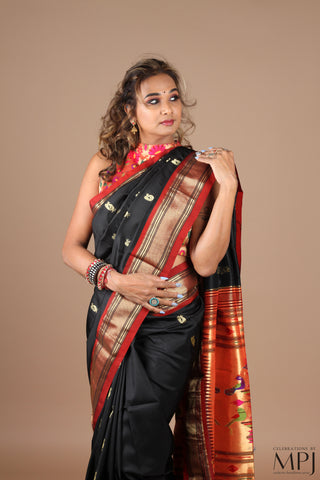 Black Handloom Pure Silk Yeola Paithani Saree with Stitched Blouse