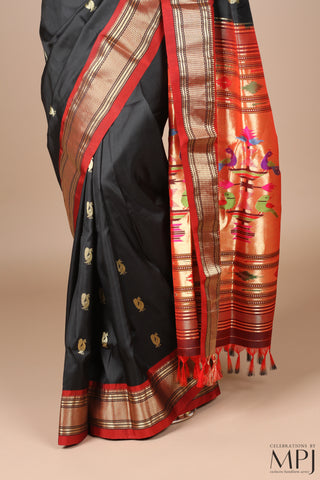 Black Handloom Pure Silk Yeola Paithani Saree with Stitched Blouse