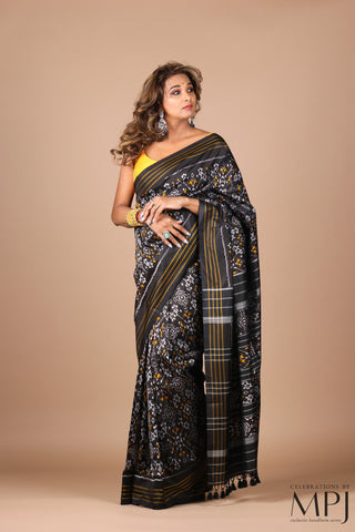 Black Handloom Silk Single Ikkat Pochampally Saree