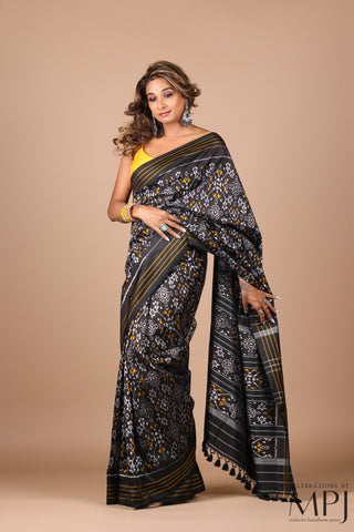 Black Handloom Silk Single Ikkat Pochampally Saree