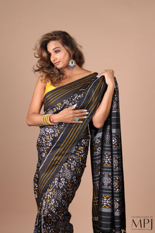 Black Handloom Silk Single Ikkat Pochampally Saree