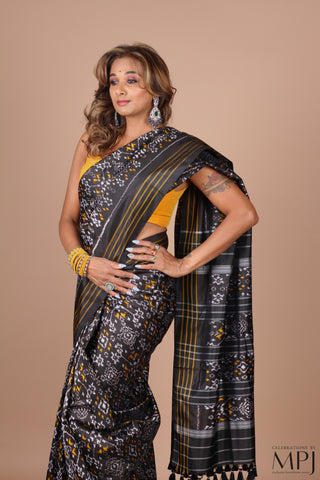 Black Handloom Silk Single Ikkat Pochampally Saree