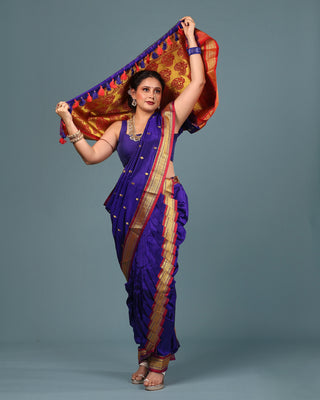 Pure-Silk Purple Pre-Stiched Nauwari Paithani Border Saree and Stitched Blouse