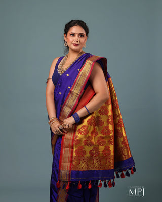 Pure-Silk Purple Pre-Stiched Nauwari Paithani Border Saree and Stitched Blouse