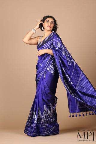 Indigo Blue Handloom Silk Single Ikkat Pochampally Saree