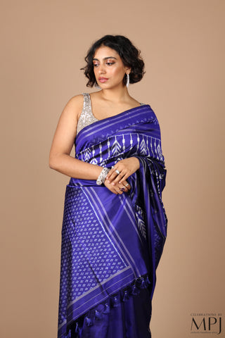 Indigo Blue Handloom Silk Single Ikkat Pochampally Saree