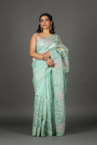 Sea Foam Embroidered Organza Silk Saree