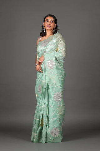 Sea Foam Embroidered Organza Silk Saree