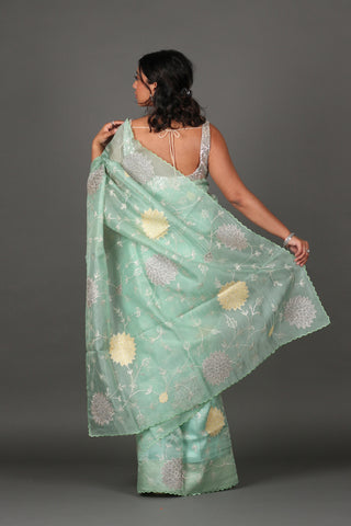 Sea Foam Embroidered Organza Silk Saree