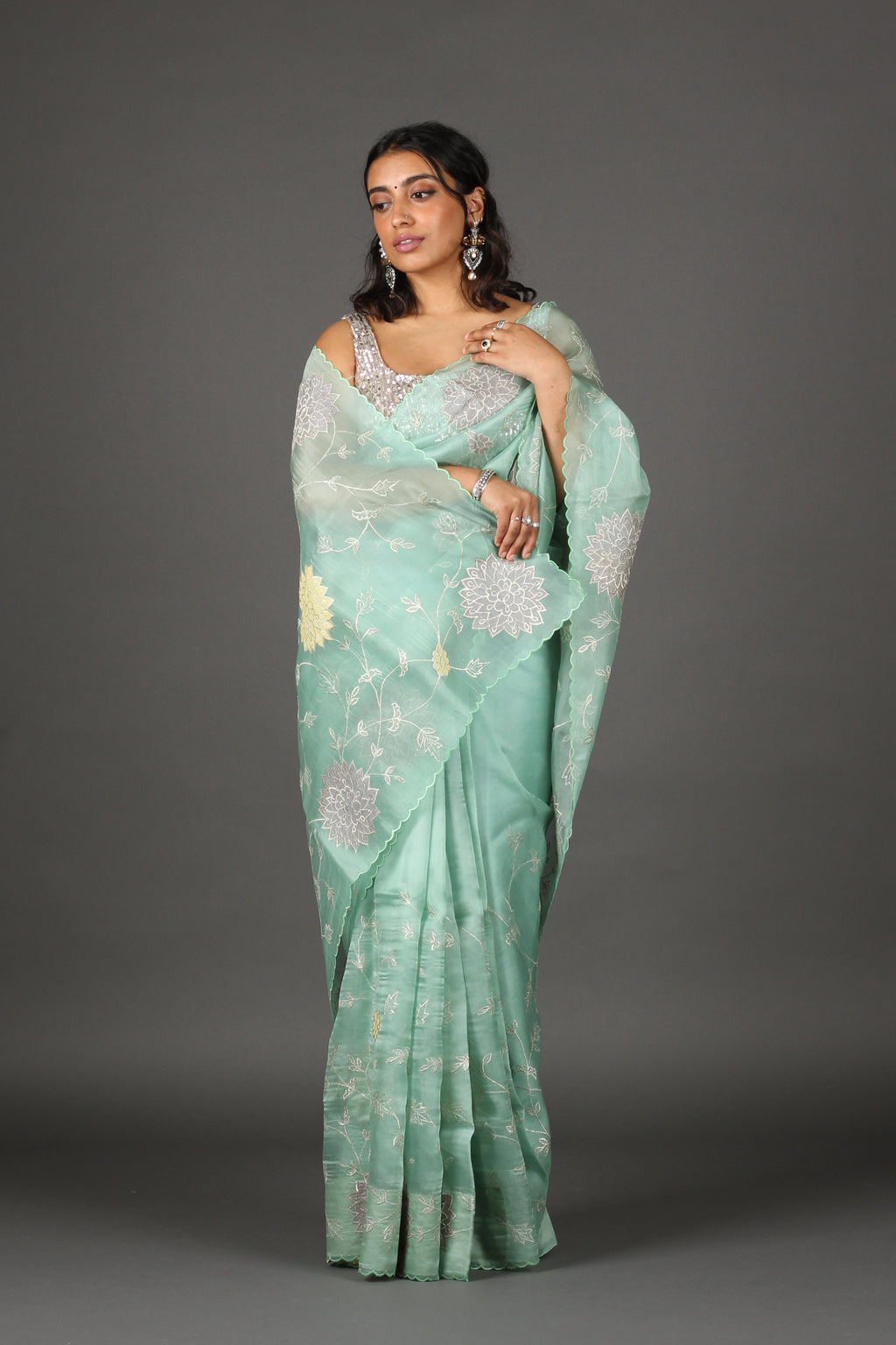 Sea Foam Embroidered Organza Silk Saree – Celebrations by MPJ