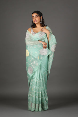 Sea Foam Embroidered Organza Silk Saree