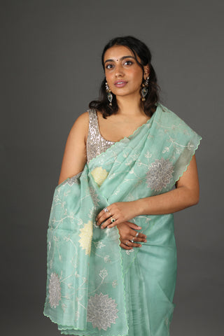 Sea Foam Embroidered Organza Silk Saree