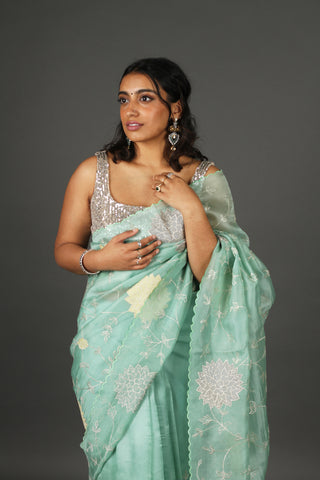 Sea Foam Embroidered Organza Silk Saree