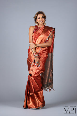 Copper Rust Brocade Handloom Pure Silk Kanjivaram