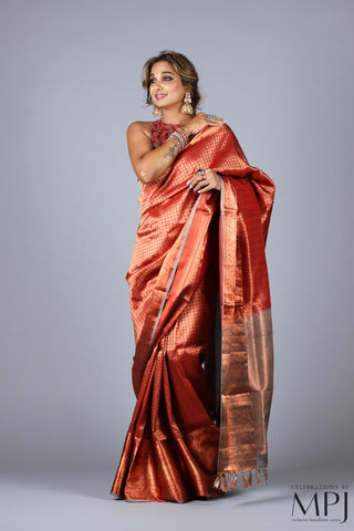 Copper Rust Brocade Handloom Pure Silk Kanjivaram