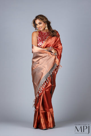 Copper Rust Brocade Handloom Pure Silk Kanjivaram