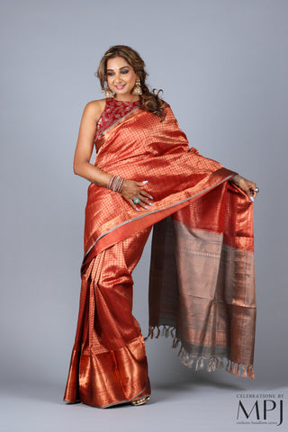 Copper Rust Brocade Handloom Pure Silk Kanjivaram