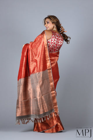 Copper Rust Brocade Handloom Pure Silk Kanjivaram