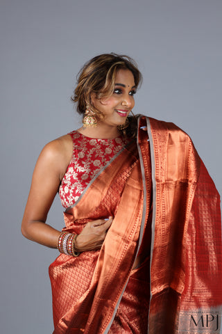 Copper Rust Brocade Handloom Pure Silk Kanjivaram