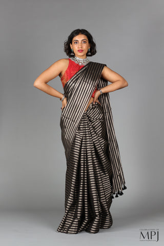 Black and Silver Striped Tissue Chanderi