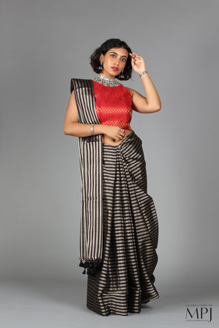 Black and Silver Striped Tissue Chanderi