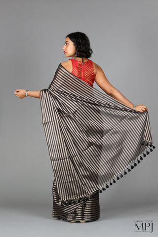 Black and Silver Striped Tissue Chanderi