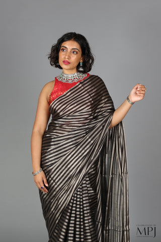 Black and Silver Striped Tissue Chanderi