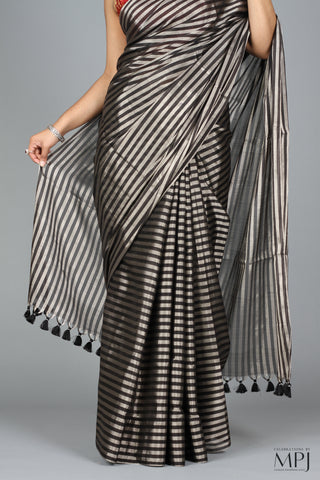 Black and Silver Striped Tissue Chanderi