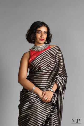 Black and Silver Striped Tissue Chanderi