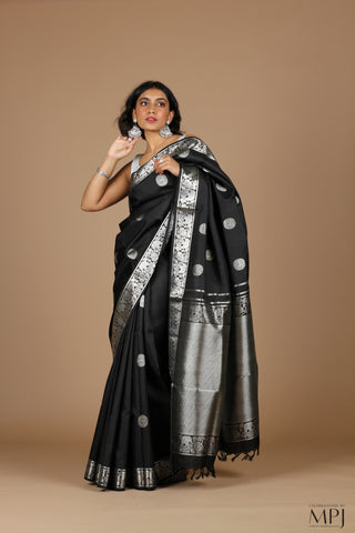 Black Silver Handloom Pure Silk Traditional Kanjivaram