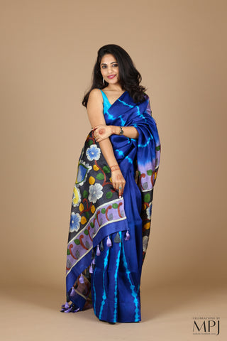 Blue Shibori Hand Painted Handloom Pure Silk Saree