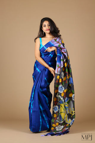 Blue Shibori Hand Painted Handloom Pure Silk Saree