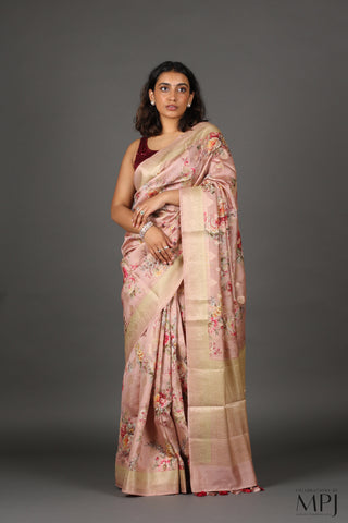 Blush Pink Printed Chiniya Silk Banarasi