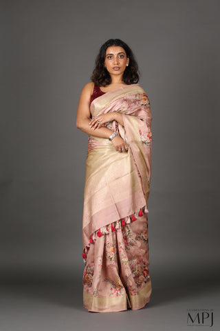 Blush Pink Printed Chiniya Silk Banarasi