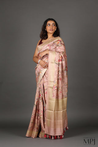 Blush Pink Printed Chiniya Silk Banarasi