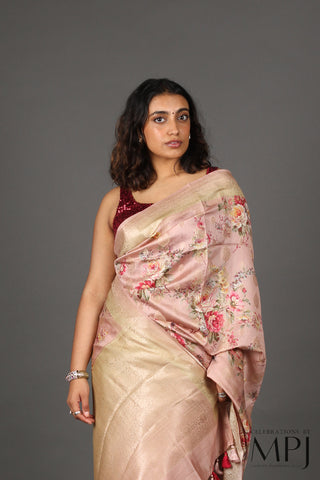 Blush Pink Printed Chiniya Silk Banarasi