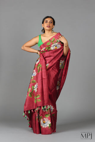 Burgundy Hand Painted Handloom Pure Silk Saree