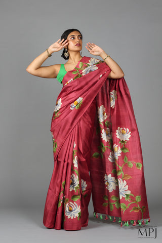 Burgundy Hand Painted Handloom Pure Silk Saree