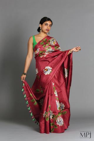 Burgundy Hand Painted Handloom Pure Silk Saree