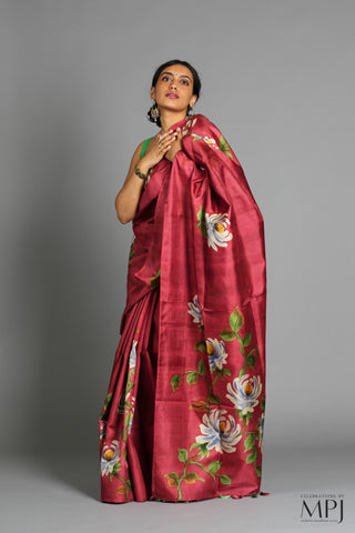 Burgundy Hand Painted Handloom Pure Silk Saree