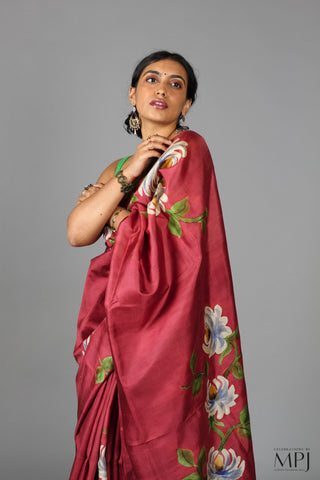 Burgundy Hand Painted Handloom Pure Silk Saree