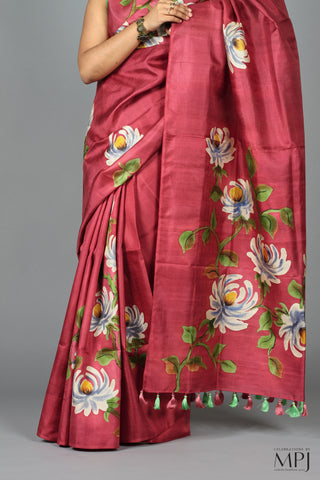 Burgundy Hand Painted Handloom Pure Silk Saree