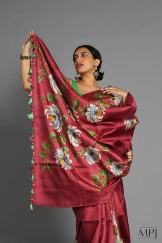 Burgundy Hand Painted Handloom Pure Silk Saree