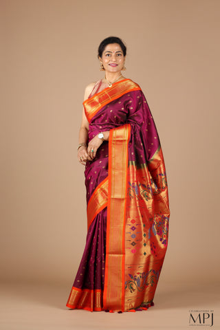 Burgundy Pure Silk Kadiyal Paithani Saree