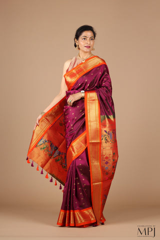 Burgundy Pure Silk Kadiyal Paithani Saree