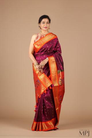 Burgundy Pure Silk Kadiyal Paithani Saree