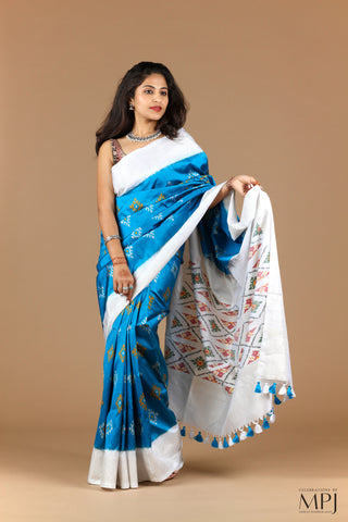 Cobalt Blue Handloom Silk Single Ikkat Pochampally Saree with Stitched Blouse